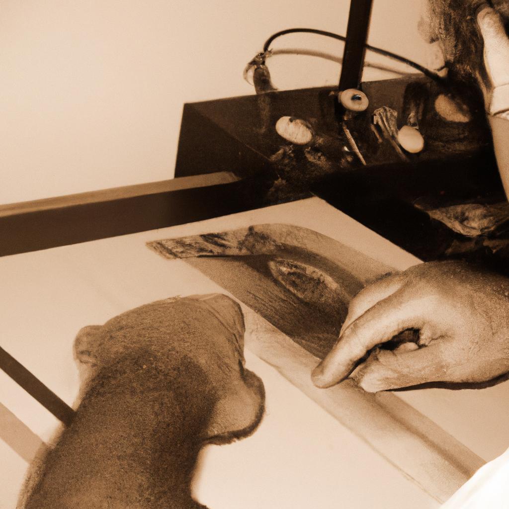 Person creating etching print artwork